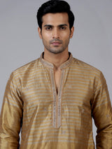 Gold silk blend kurta suit with zardosi cutdana and sequins for men