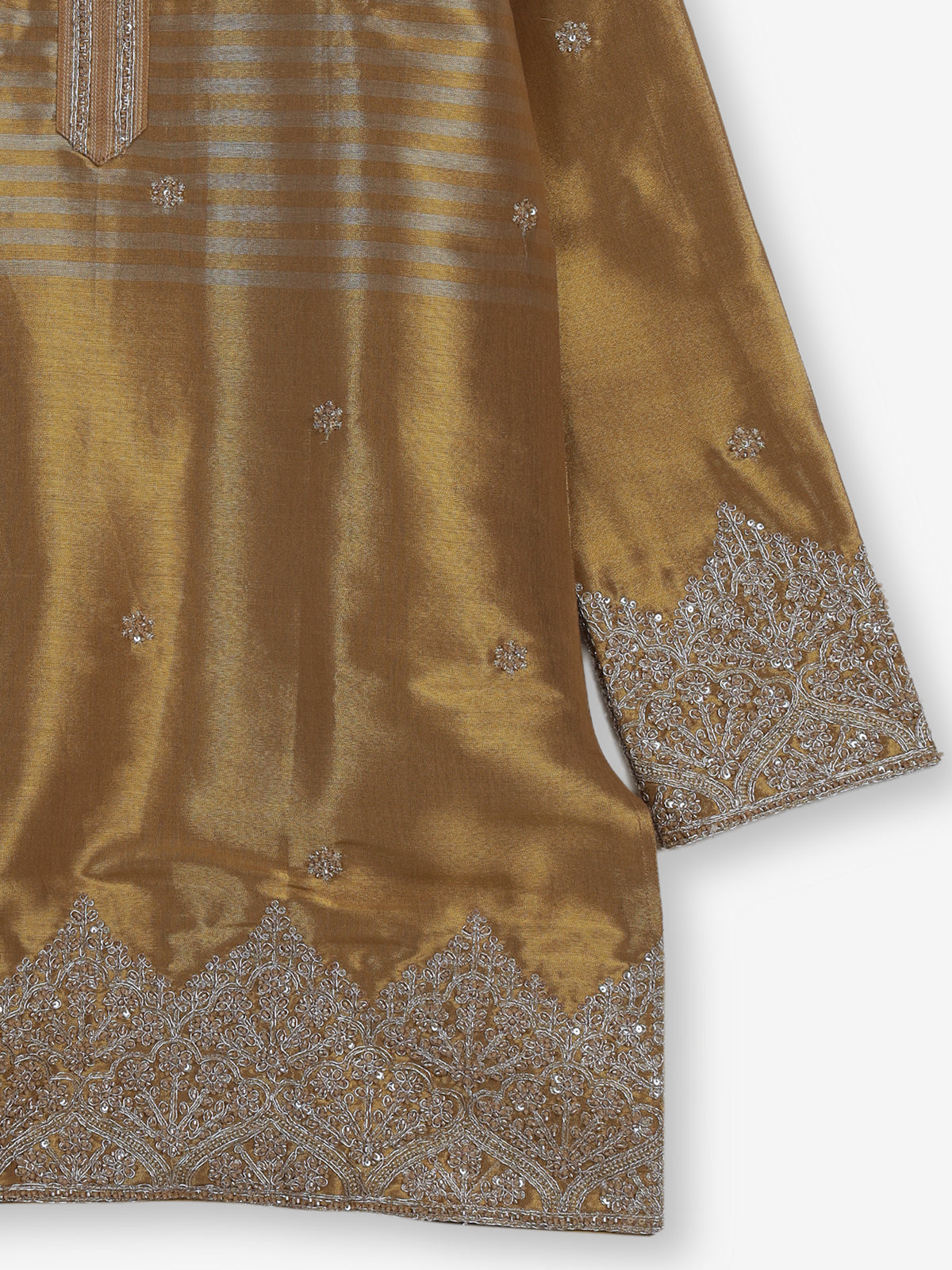 Gold silk blend kurta suit with zardosi cutdana and sequins for men