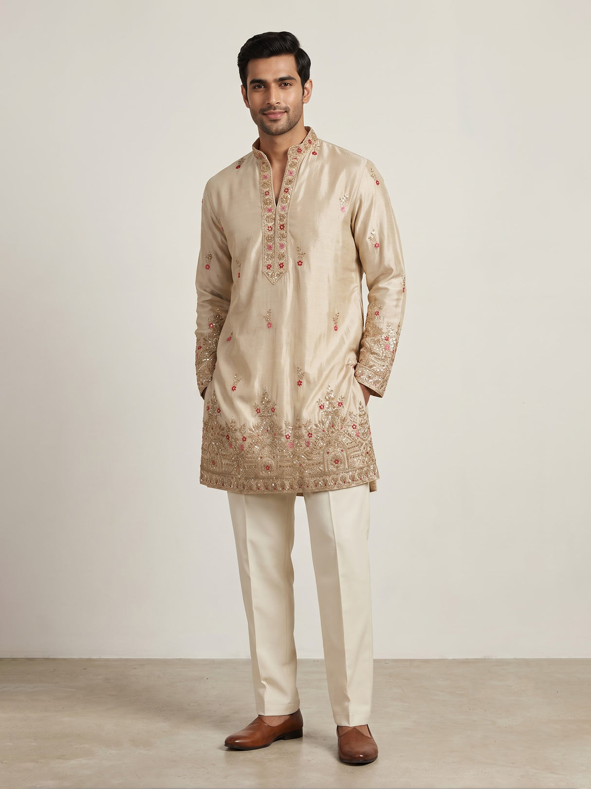 Cream silk kurta suit with cutdana thread and sequins for men