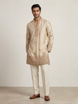 Cream silk kurta suit with cutdana thread and sequins for men