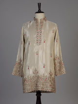 Cream silk kurta suit with cutdana thread and sequins for men