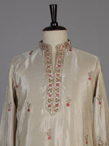 Cream silk kurta suit with cutdana thread and sequins for men