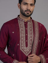 Wine silk blend kurta suit with resham sequins and dupatta for men