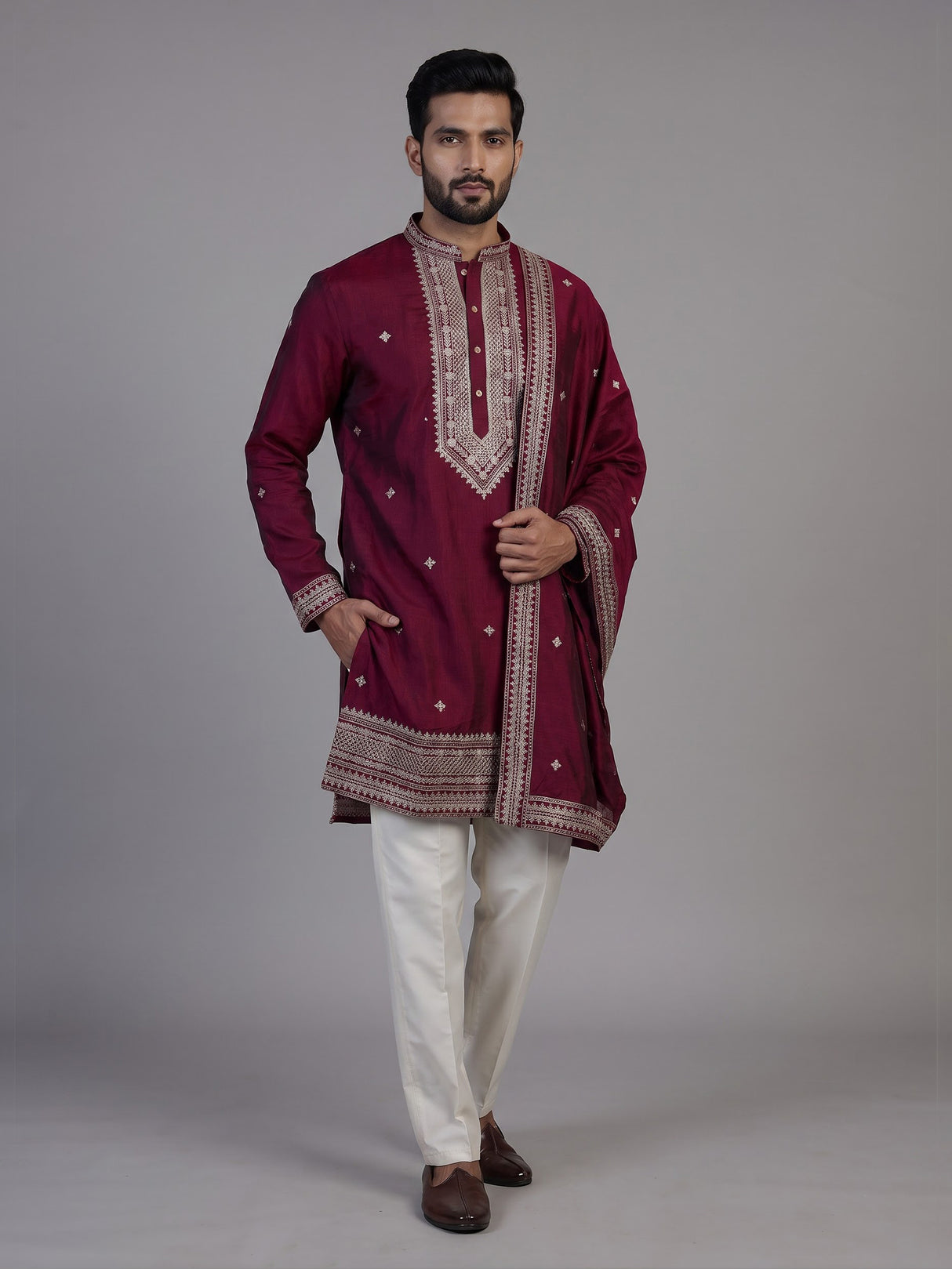 Wine silk blend kurta suit with resham sequins and dupatta for men