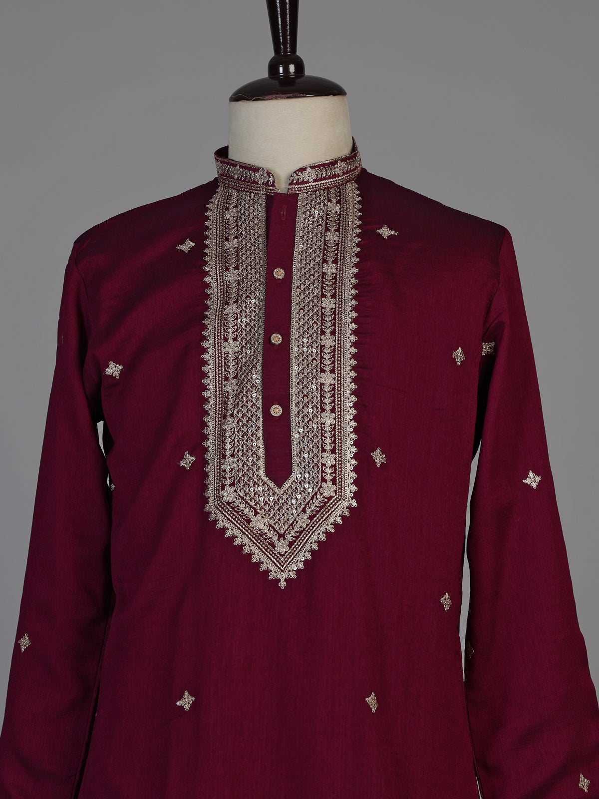 Wine silk blend kurta suit with resham sequins and dupatta for men