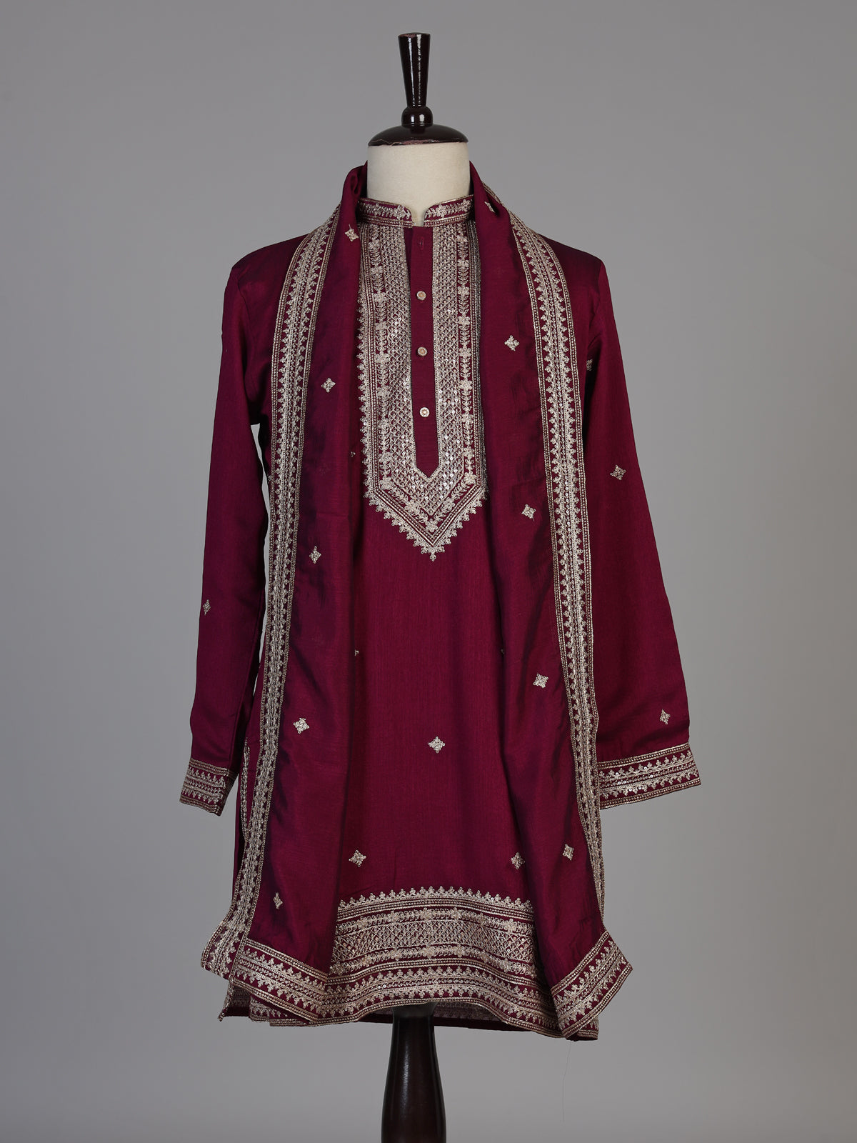Wine silk blend kurta suit with resham sequins and dupatta for men