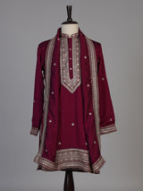 Wine silk blend kurta suit with resham sequins and dupatta for men