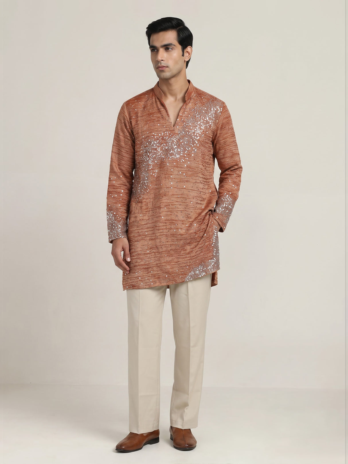 Pastel orange metallic silk tissue kurta suit with embellishments for men