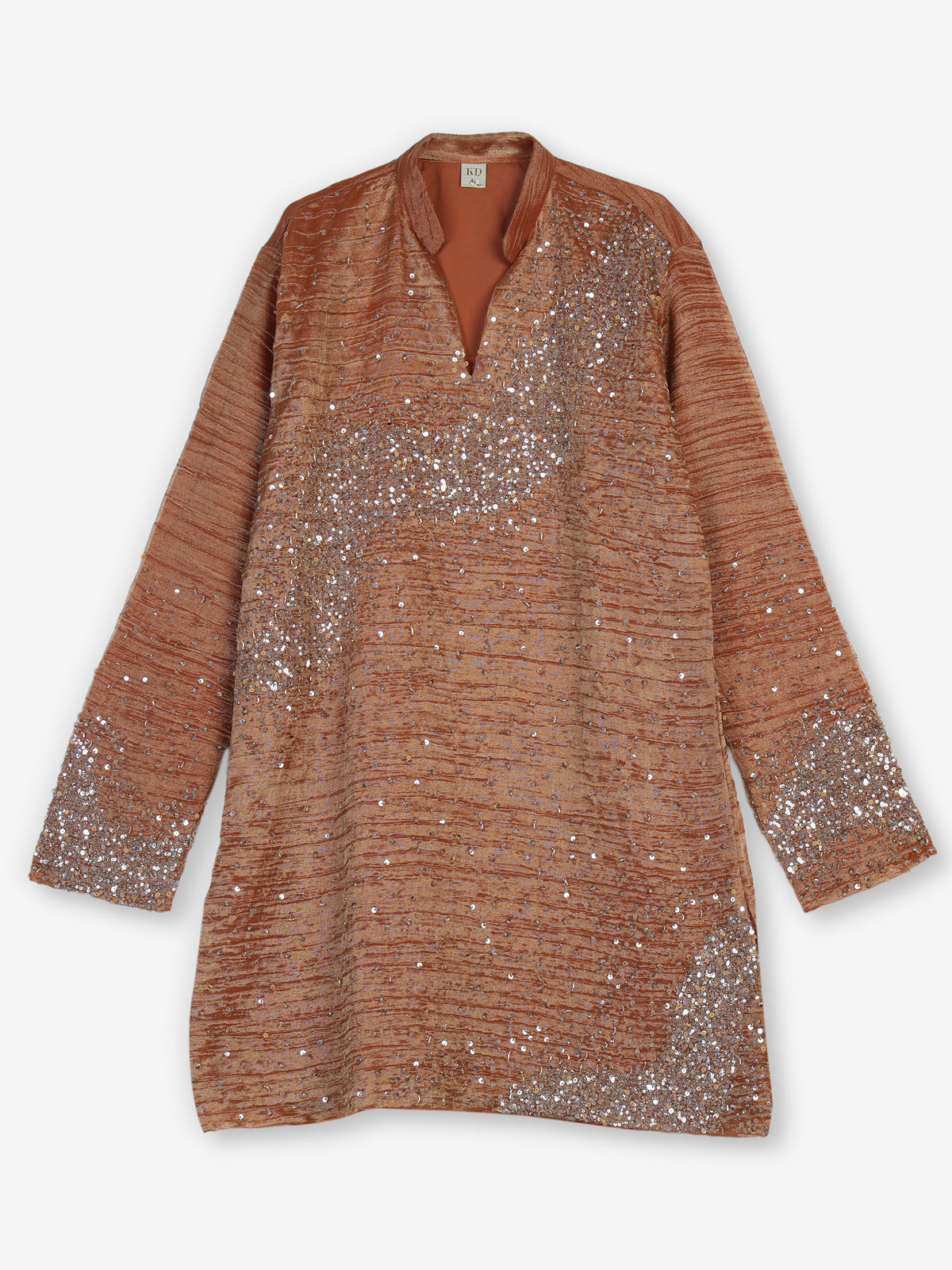 Pastel orange metallic silk tissue kurta suit with embellishments for men