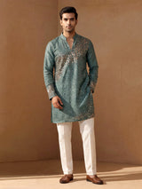 Pastel blue metallic silk tissue kurta suit with cutdana sequins for men