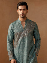 Pastel blue metallic silk tissue kurta suit with cutdana sequins for men