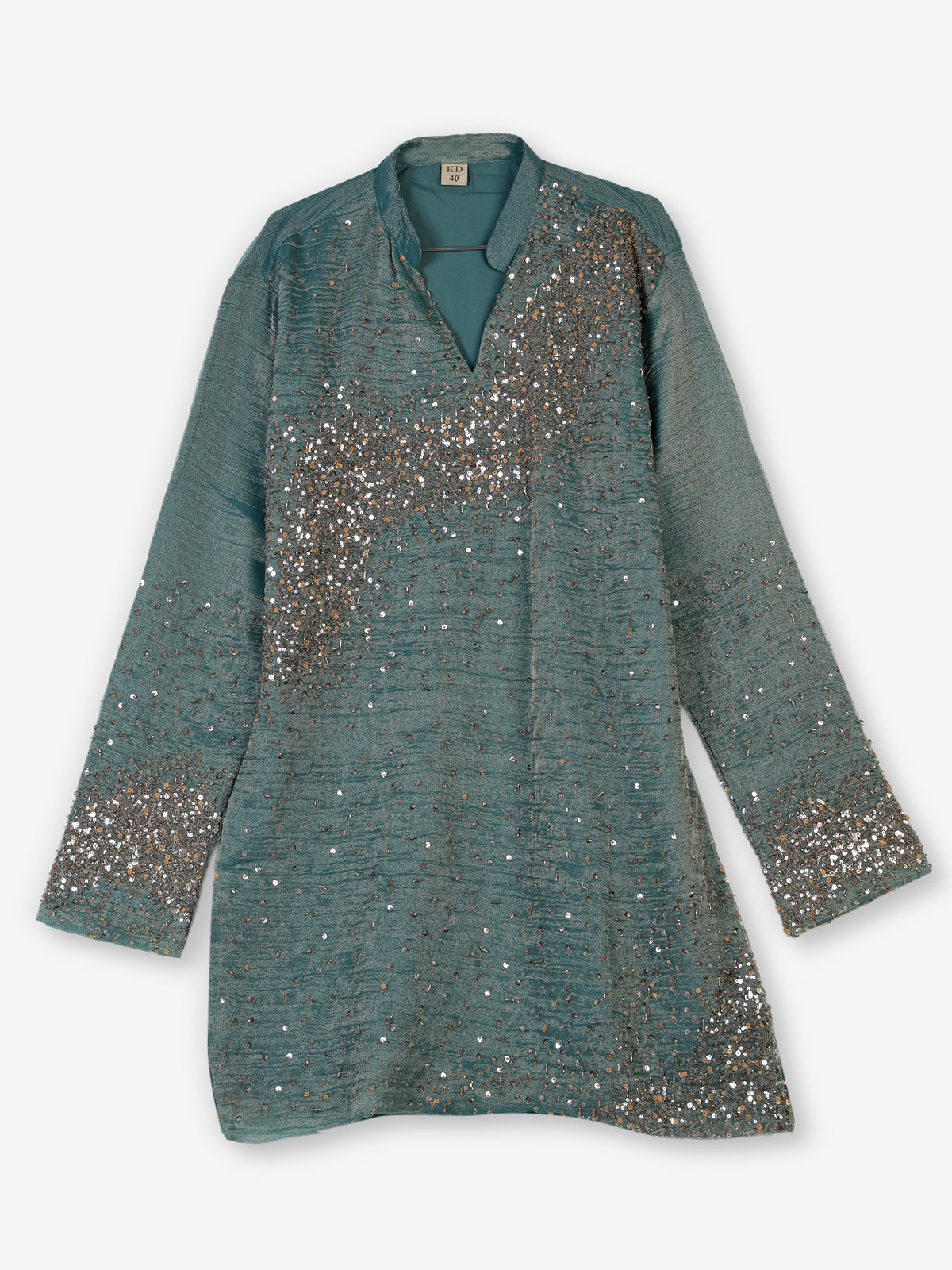Pastel blue metallic silk tissue kurta suit with cutdana sequins for men
