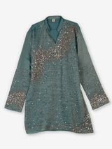Pastel blue metallic silk tissue kurta suit with cutdana sequins for men
