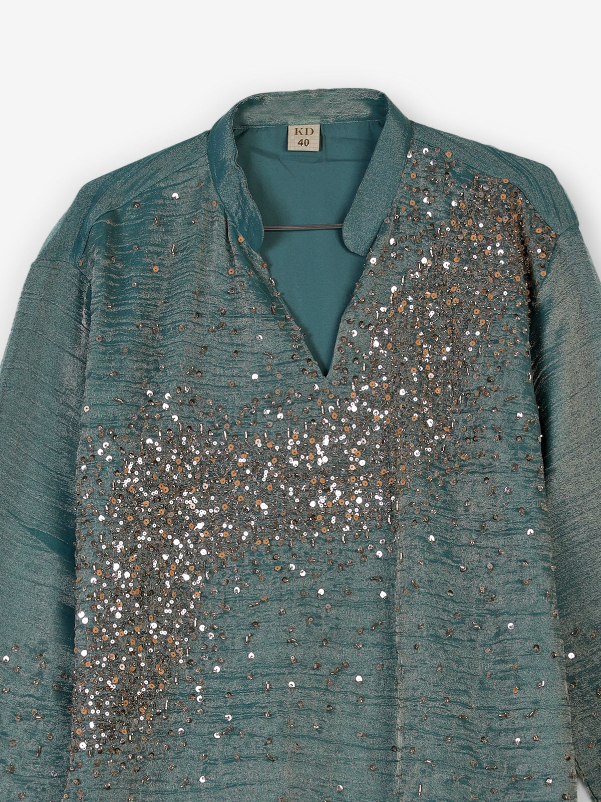 Pastel blue metallic silk tissue kurta suit with cutdana sequins for men