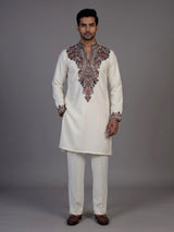 Cream silk blend kurta suit with embroidery and sequins for men