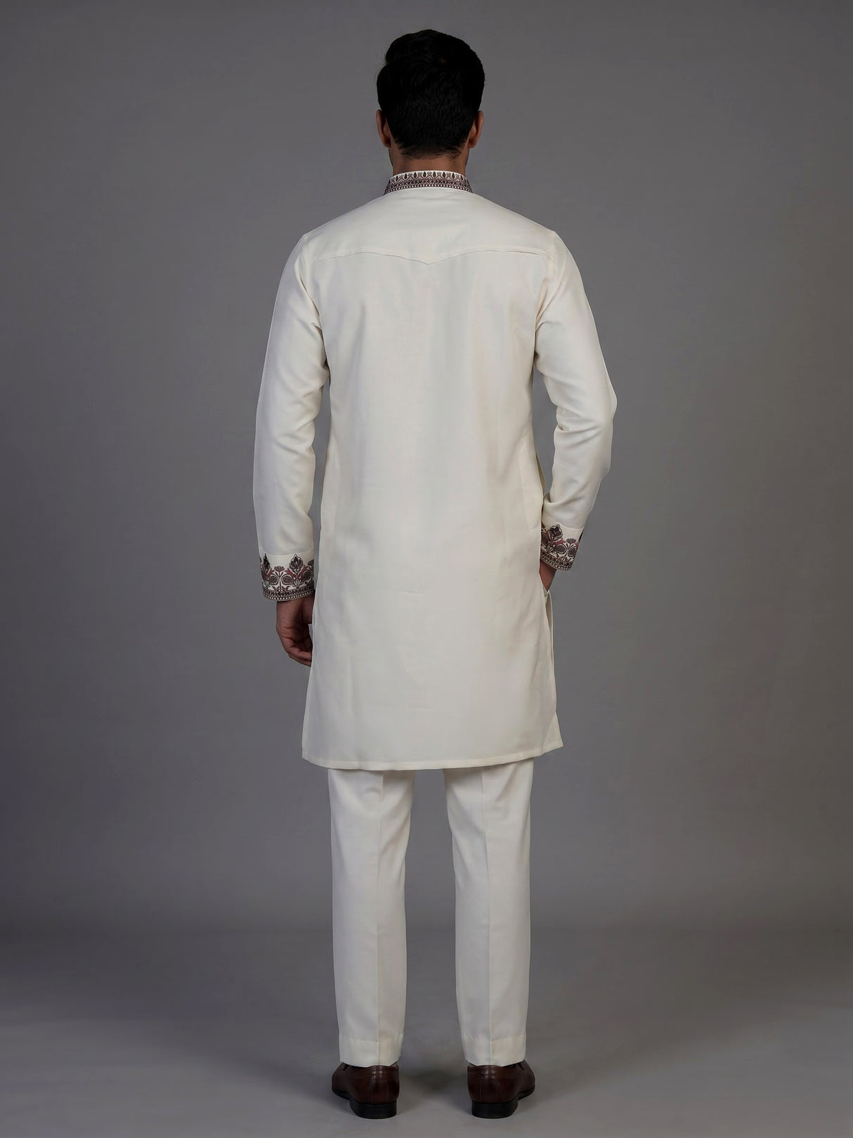 Cream silk blend kurta suit with embroidery and sequins for men