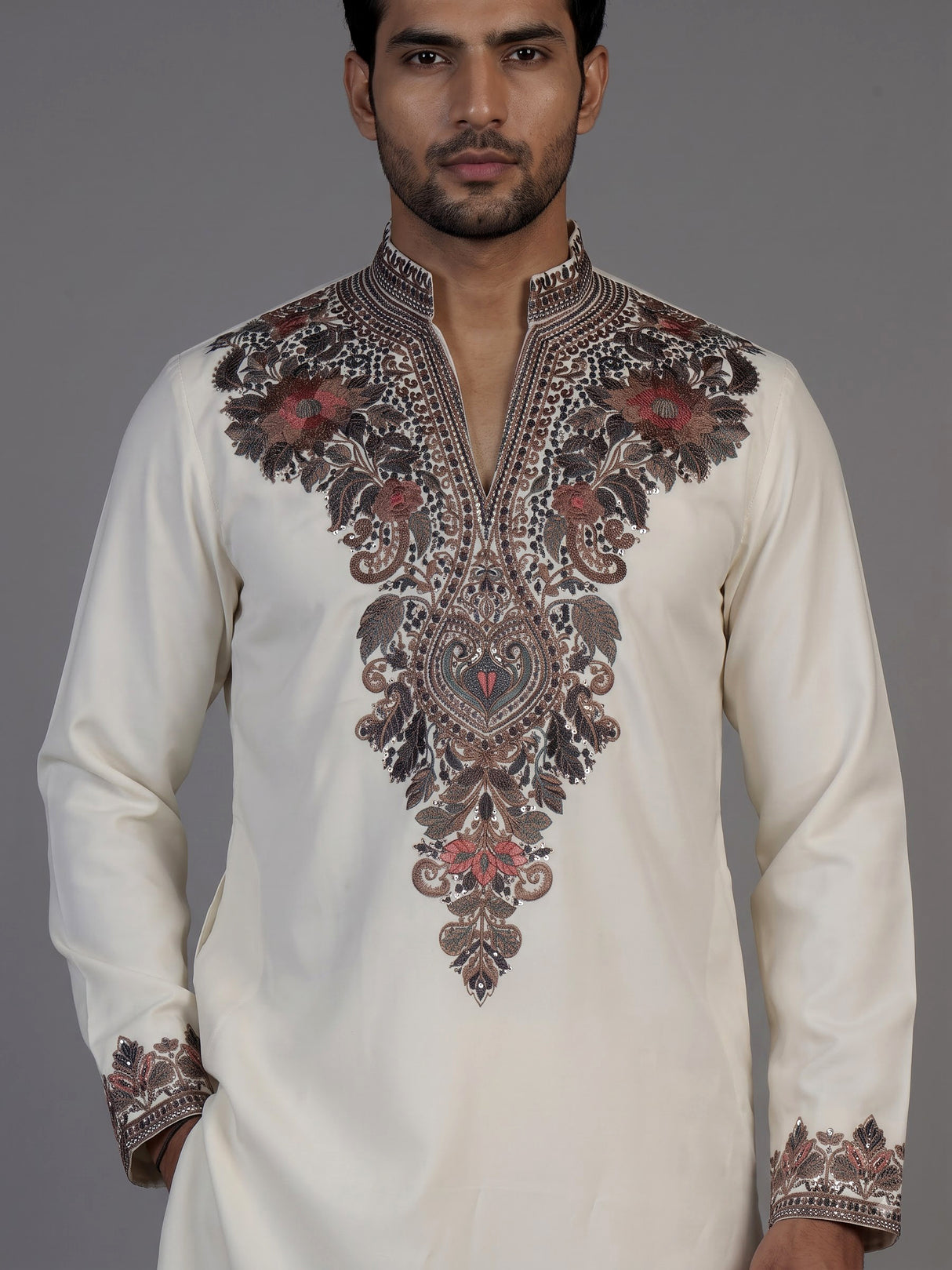 Cream silk blend kurta suit with embroidery and sequins for men