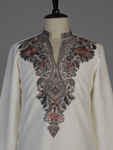 Cream silk blend kurta suit with embroidery and sequins for men