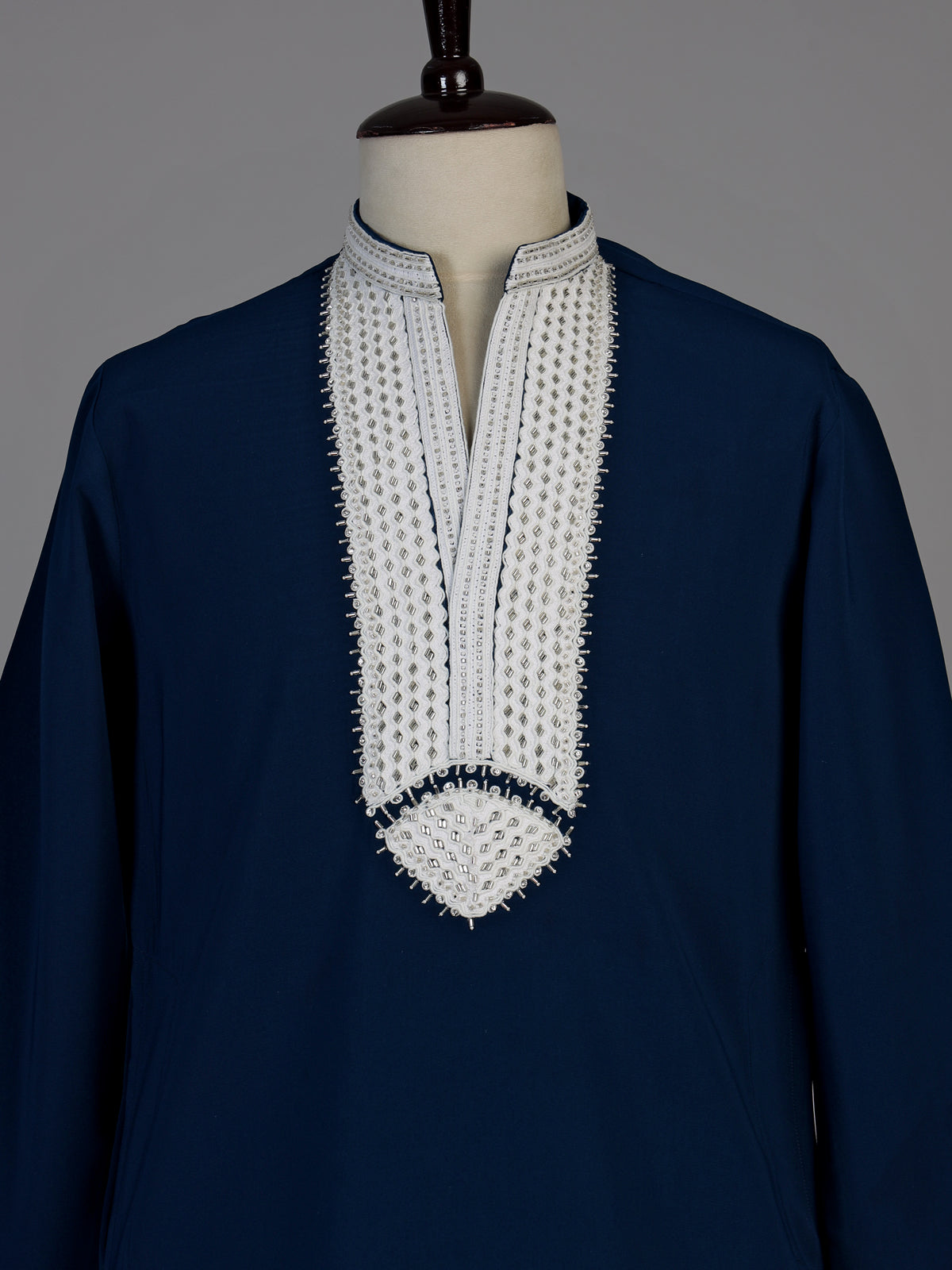 Navy silk blend kurta suit with cutdana beads diamond embellishments for men