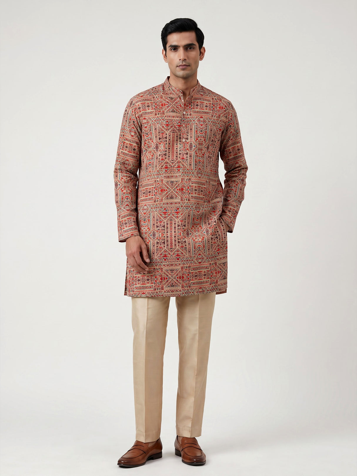 Beige silk blend printed kurta suit for festive occasions for men