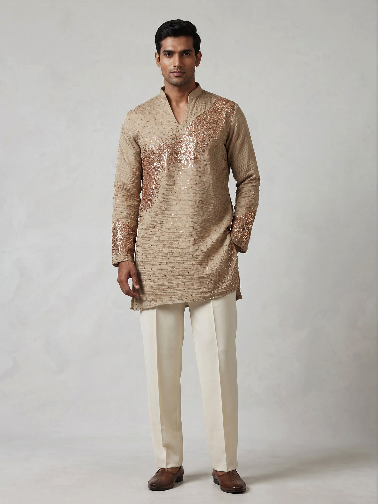 Beige metallic silk tissue kurta suit with sequin accents for men