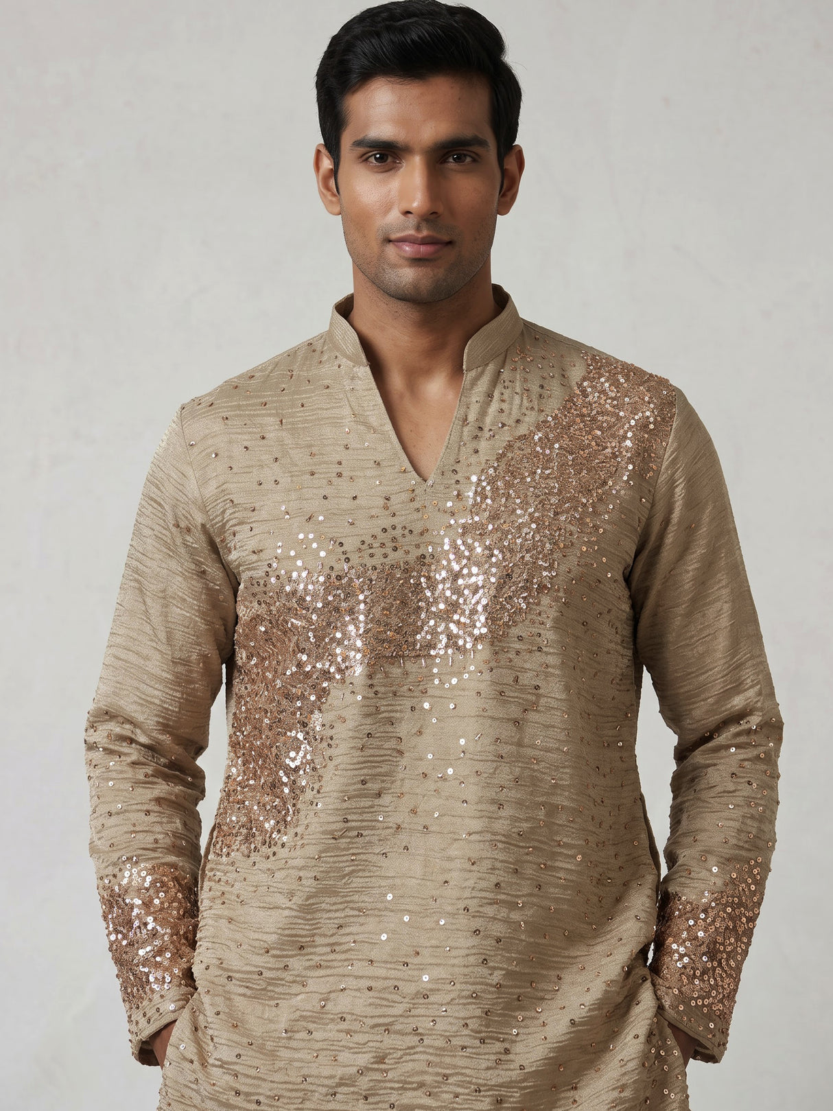 Beige metallic silk tissue kurta suit with sequin accents for men