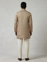 Beige metallic silk tissue kurta suit with sequin accents for men