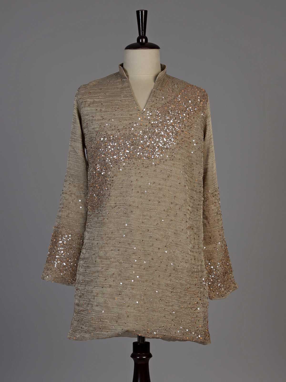 Beige metallic silk tissue kurta suit with sequin accents for men