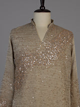 Beige metallic silk tissue kurta suit with sequin accents for men