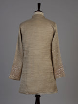 Beige metallic silk tissue kurta suit with sequin accents for men