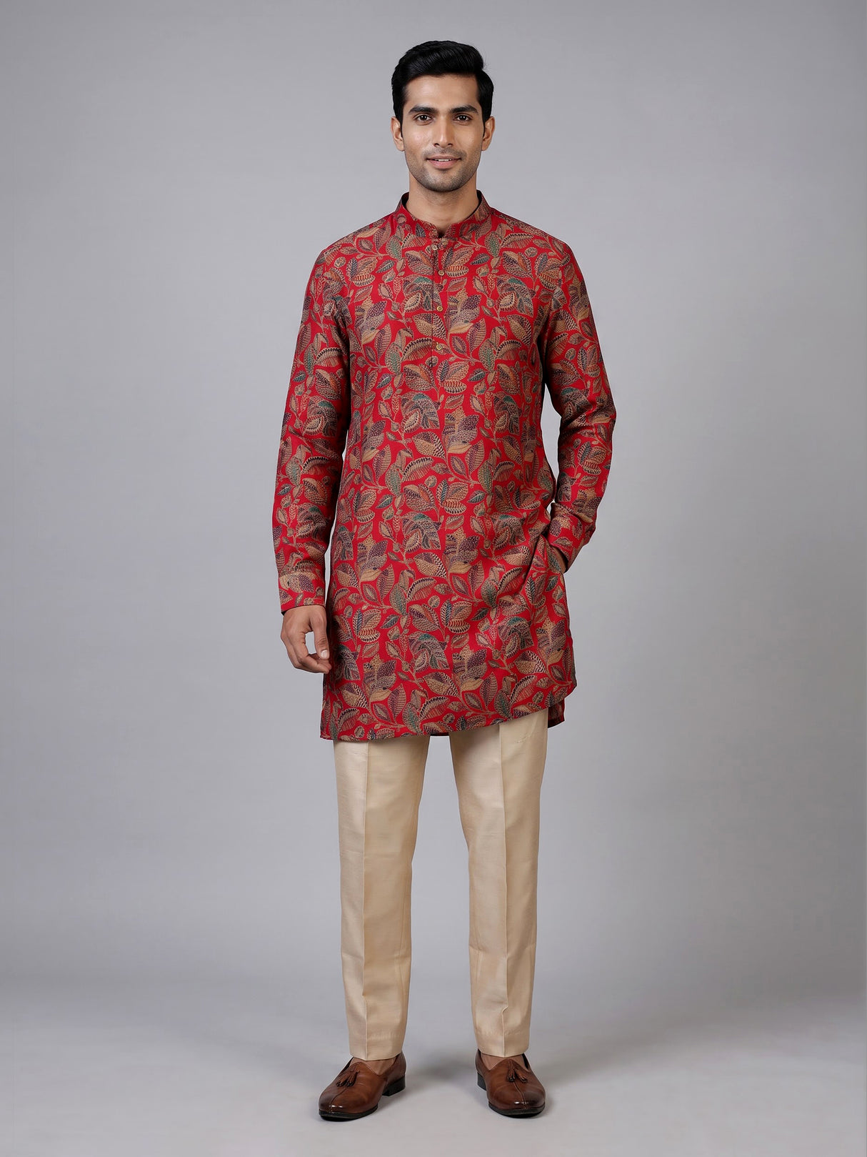 Red cotton silk printed kurta suit for festive celebrations for men