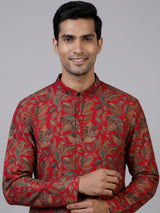 Red cotton silk printed kurta suit for festive celebrations for men