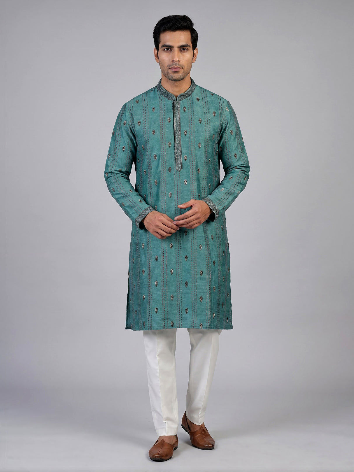 Blue silk blend kurta suit with embroidery and threadwork for men