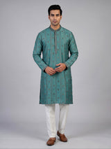 Blue silk blend kurta suit with embroidery and threadwork for men