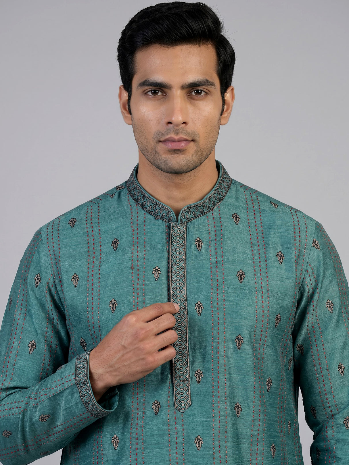 Blue silk blend kurta suit with embroidery and threadwork for men
