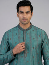 Blue silk blend kurta suit with embroidery and threadwork for men