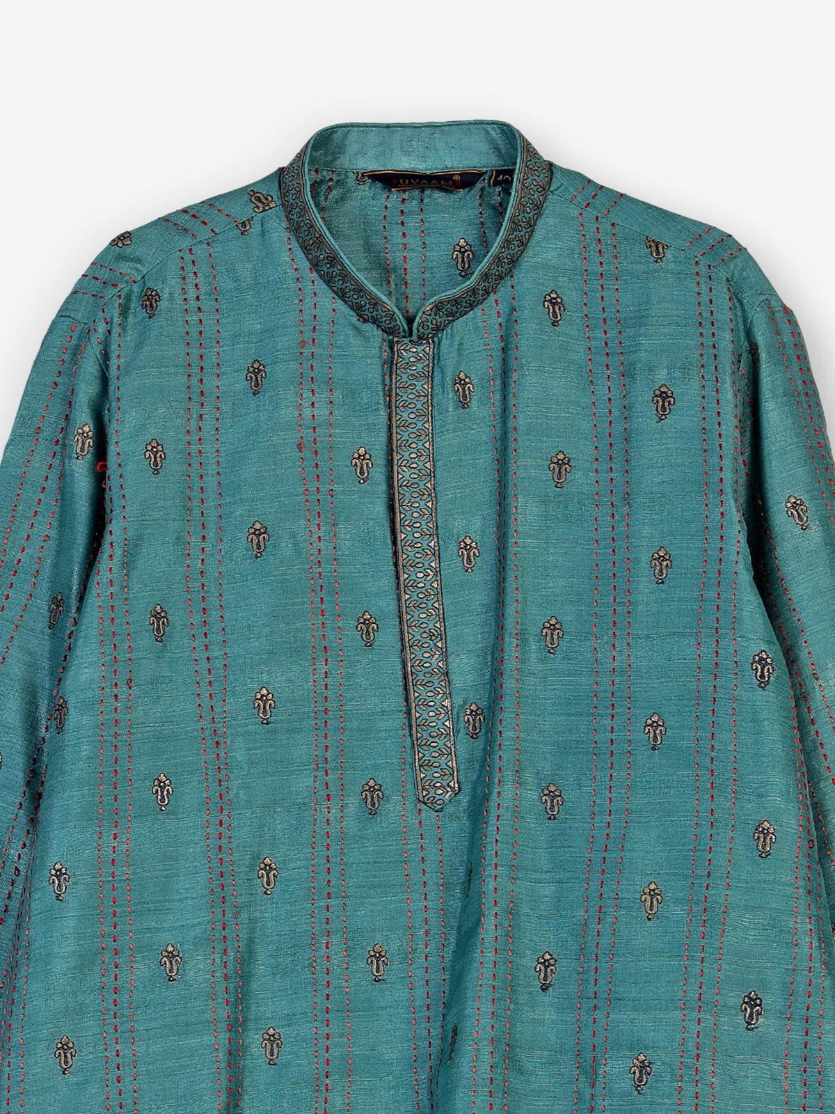 Blue silk blend kurta suit with embroidery and threadwork for men