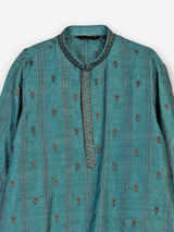 Blue silk blend kurta suit with embroidery and threadwork for men