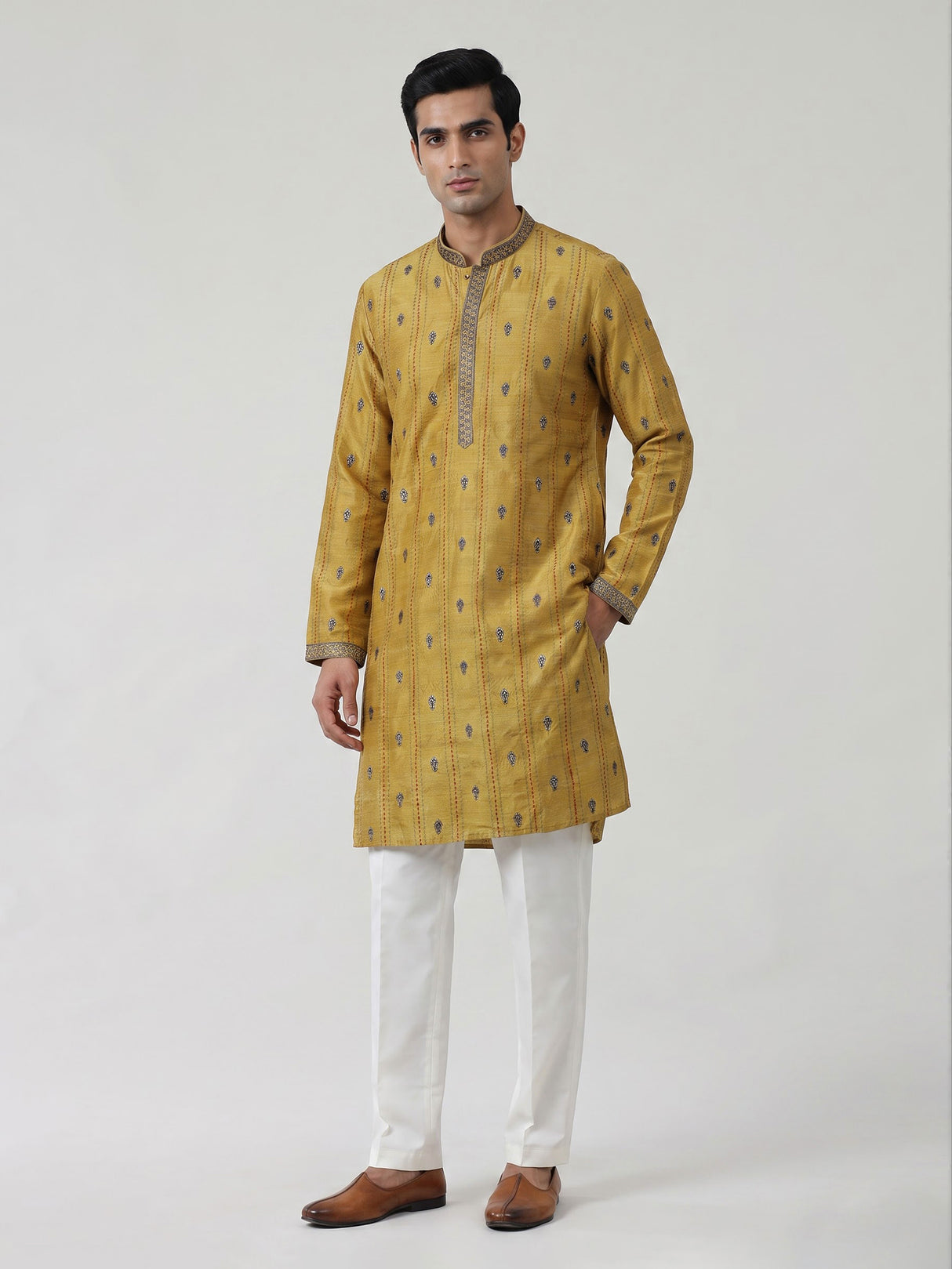 Gold silk blend kurta suit with embroidery and threadwork for men