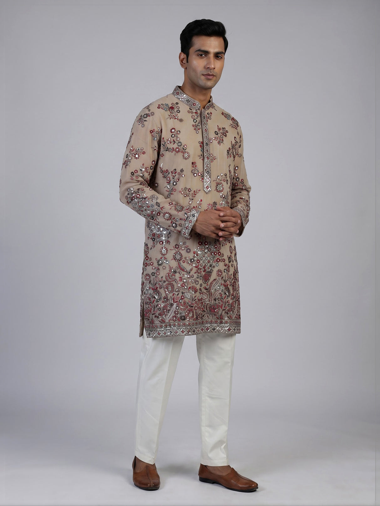 Beige tusser georgette kurta suit with embroidery and sequins for men