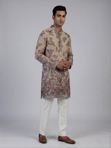 Beige tusser georgette kurta suit with embroidery and sequins for men