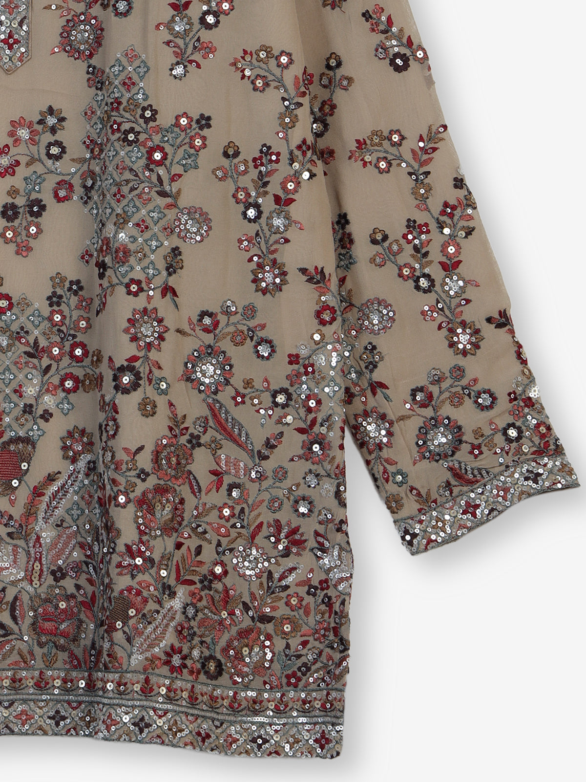 Beige tusser georgette kurta suit with embroidery and sequins for men