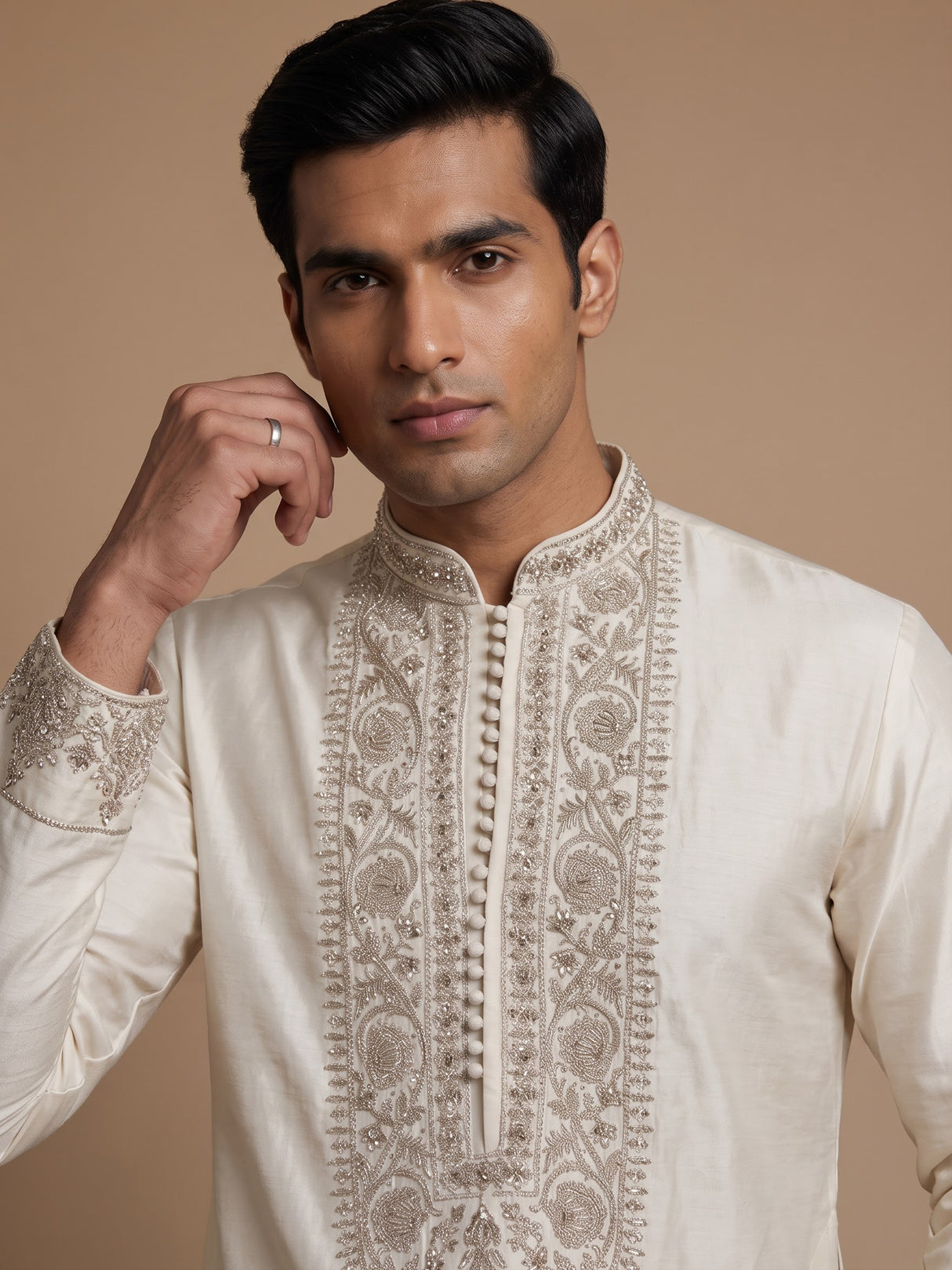 Cream silk blend kurta suit with embroidery stone and dupatta for men