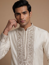 Cream silk blend kurta suit with embroidery stone and dupatta for men