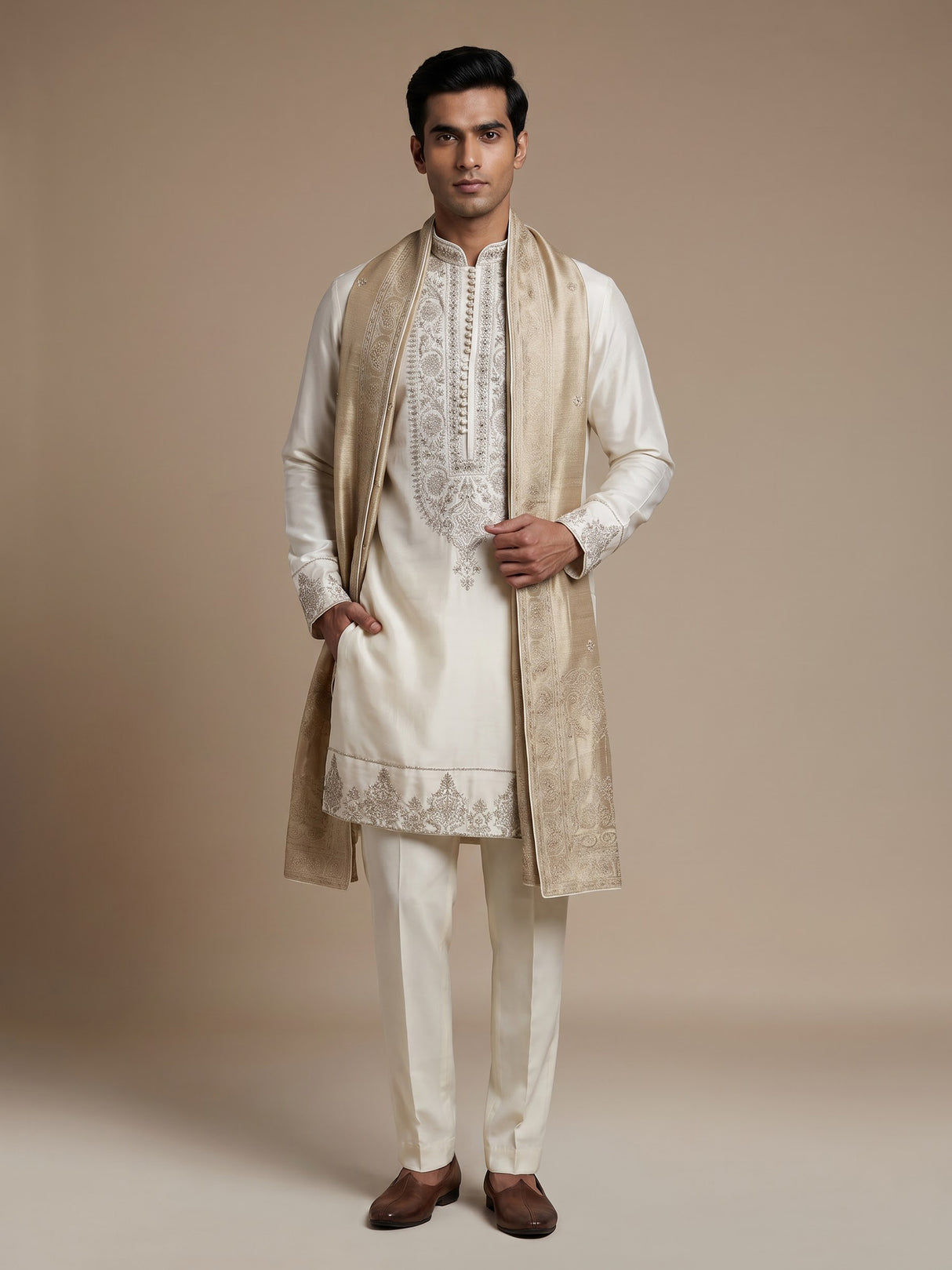 Cream silk blend kurta suit with embroidery stone and dupatta for men