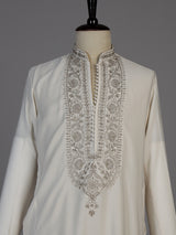 Cream silk blend kurta suit with embroidery stone and dupatta for men