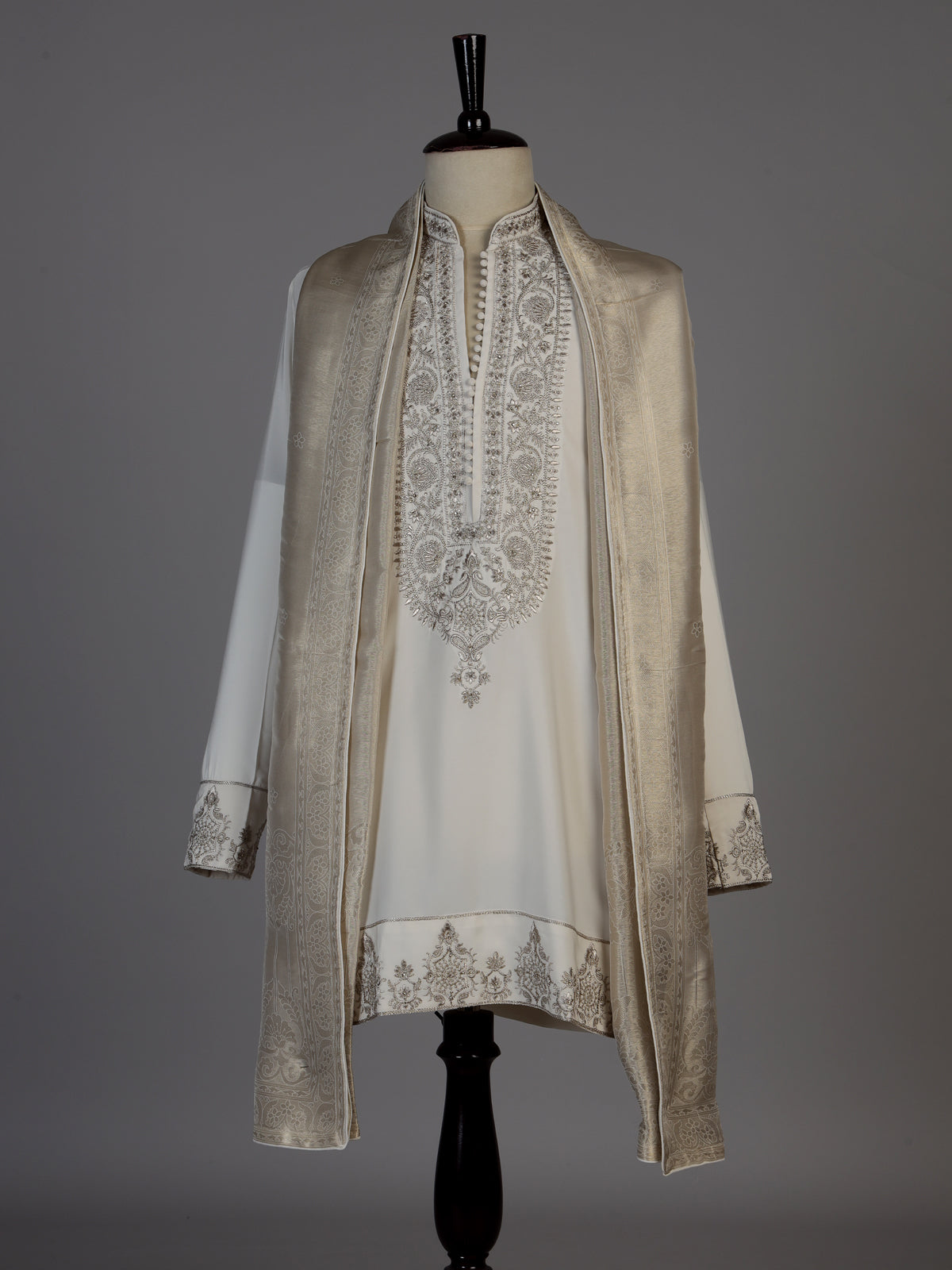 Cream silk blend kurta suit with embroidery stone and dupatta for men