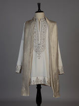 Cream silk blend kurta suit with embroidery stone and dupatta for men