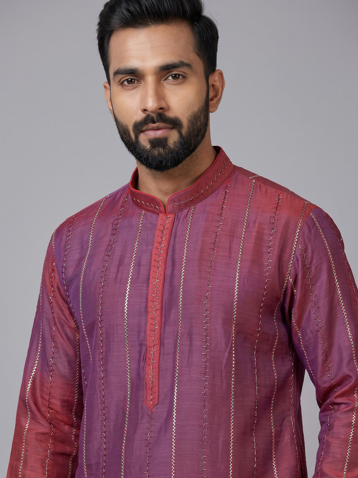 Purple shaded silk kurta suit with cutdana and gota detailing for men