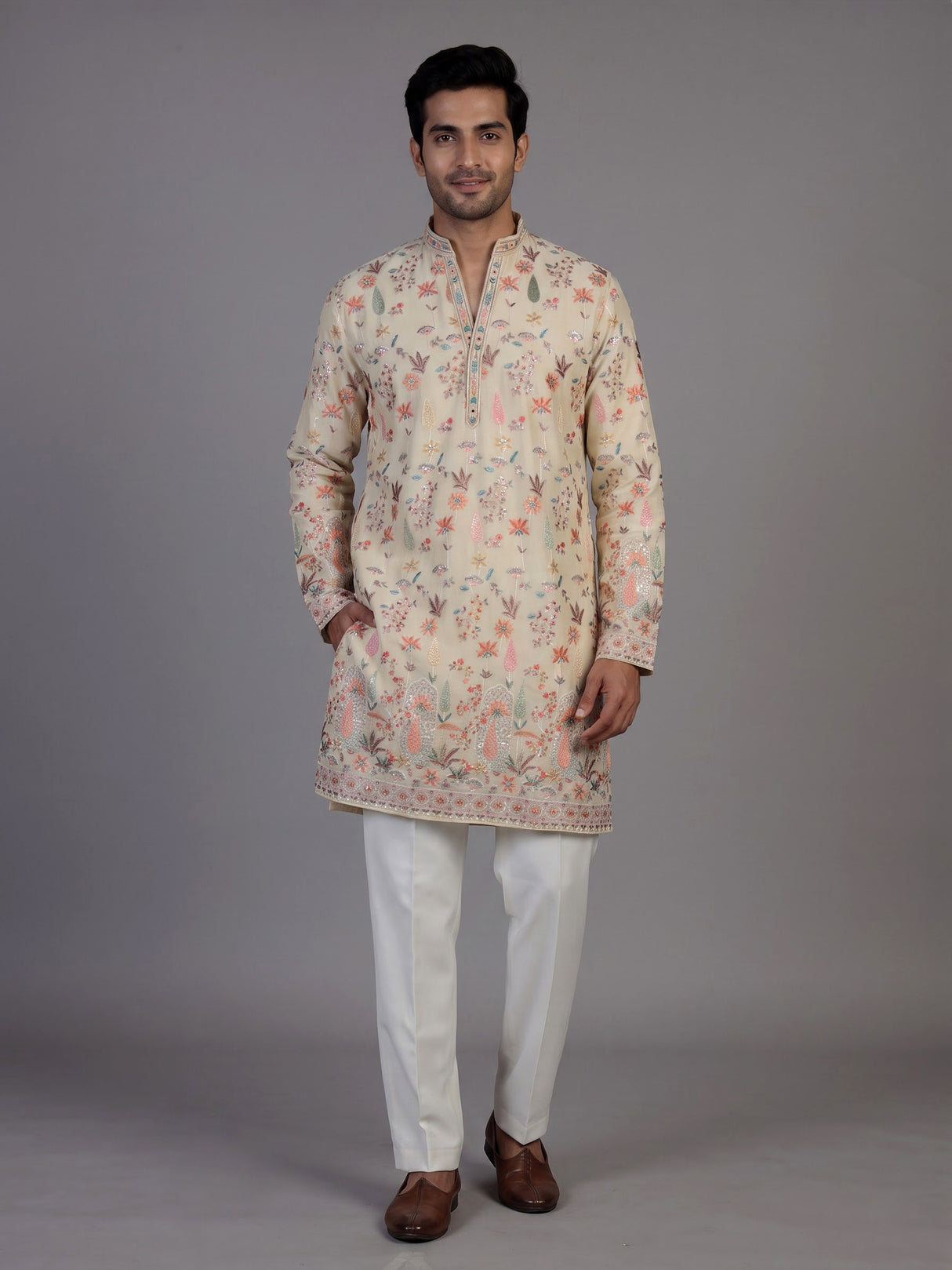 Cream chanderi silk kurta suit with embroidery and sequins for men
